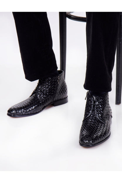 BLACK LEATHER WOVEN BOOTS