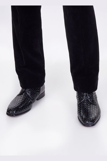 BLACK LEATHER WOVEN BOOTS
