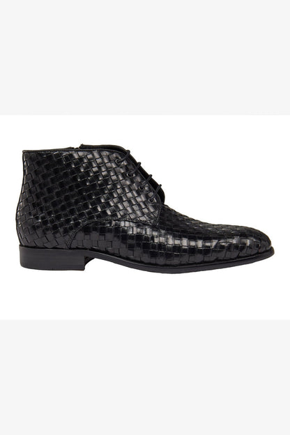 BLACK LEATHER WOVEN BOOTS