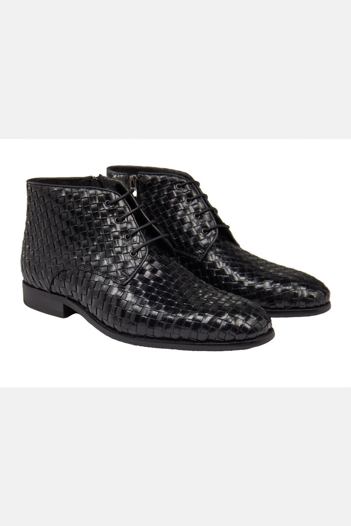 BLACK LEATHER WOVEN BOOTS