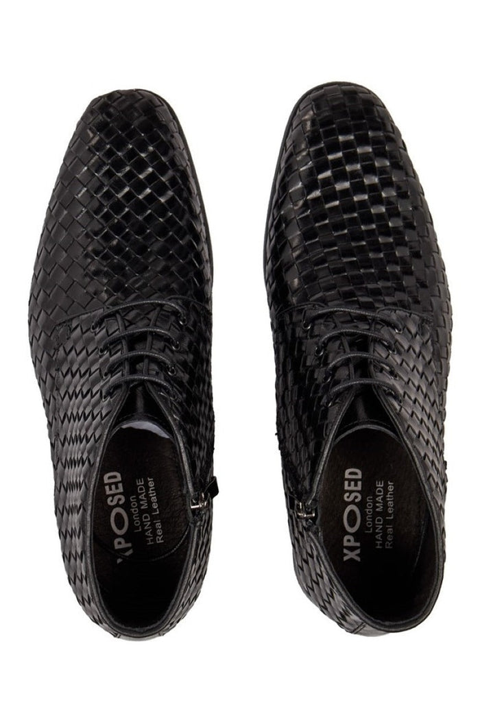 BLACK LEATHER WOVEN BOOTS
