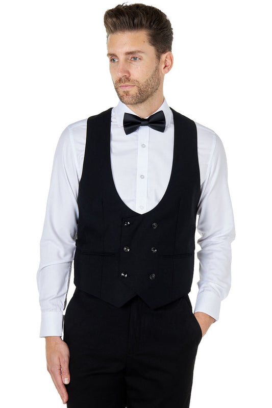 BLACK LOW U CUT DOUBLE BREASTED WAISTCOAT