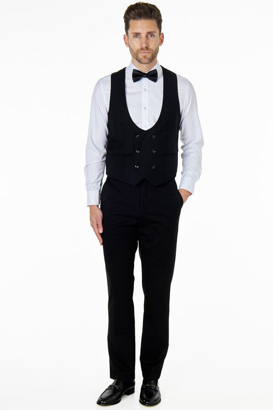 BLACK LOW U CUT DOUBLE BREASTED WAISTCOAT