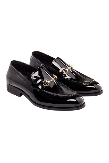 BLACK PATENT LEATHER GOLD BUCKLE LOAFERS
