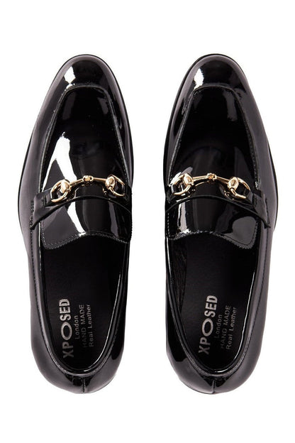 BLACK PATENT LEATHER GOLD BUCKLE LOAFERS