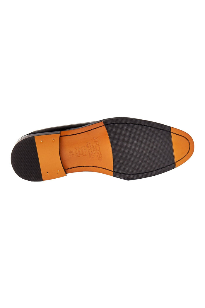 BLACK PATENT LEATHER GOLD BUCKLE LOAFERS