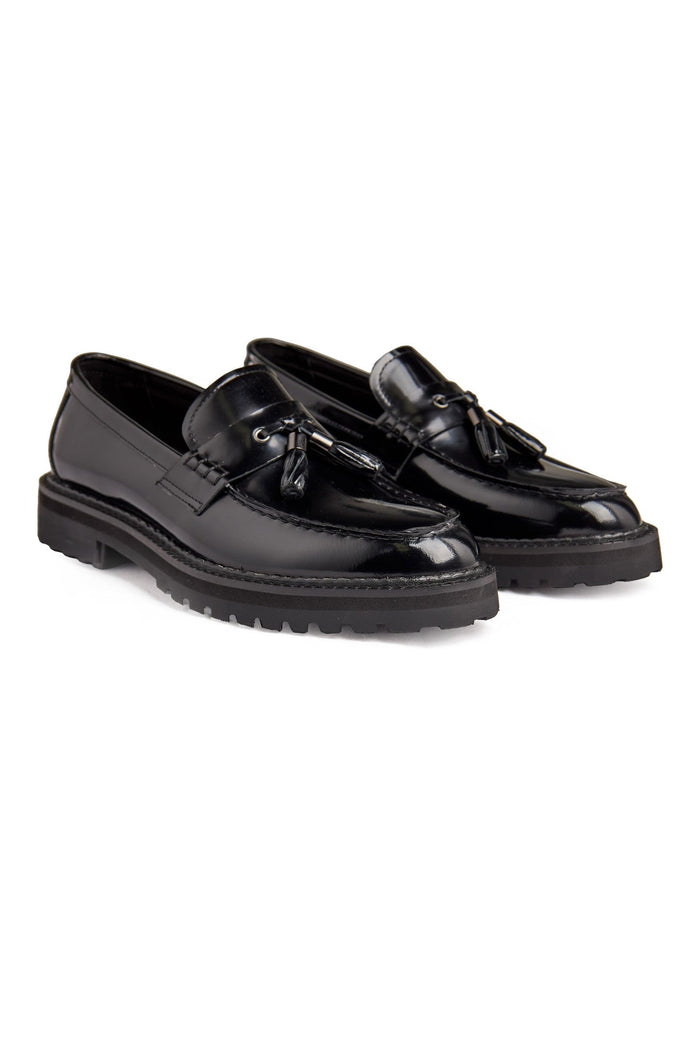 BLACK PATENT LEATHER TASSEL LOAFERS