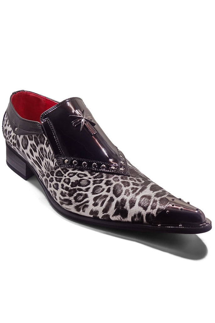 BLACK PATENT LEOPARD PRINT LOAFER METAL TOE CAP