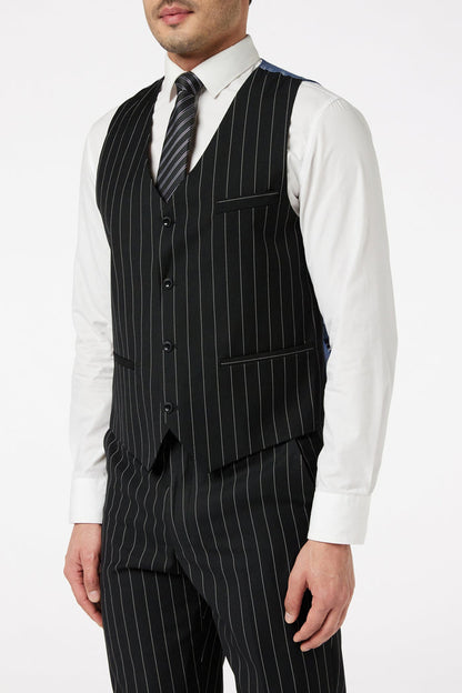 Men's Classic Black White Pinstripe Single Breasted 5-Piece Suit Bundle