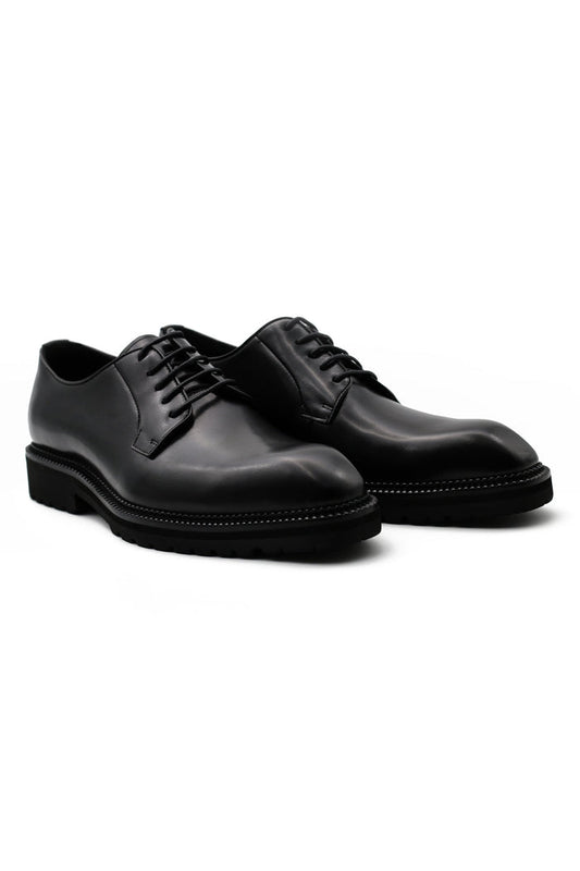 BLACK POLISHED LEATHER DERBY SHOES – CHISEL TOE – LUG SOLE
