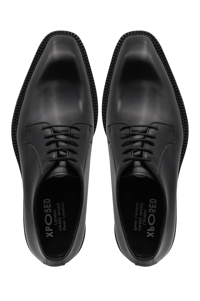 BLACK POLISHED LEATHER DERBY SHOES – CHISEL TOE – LUG SOLE