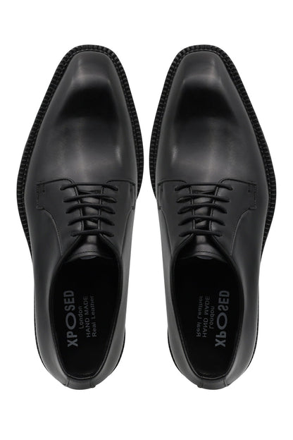 BLACK POLISHED LEATHER DERBY SHOES – CHISEL TOE – LUG SOLE