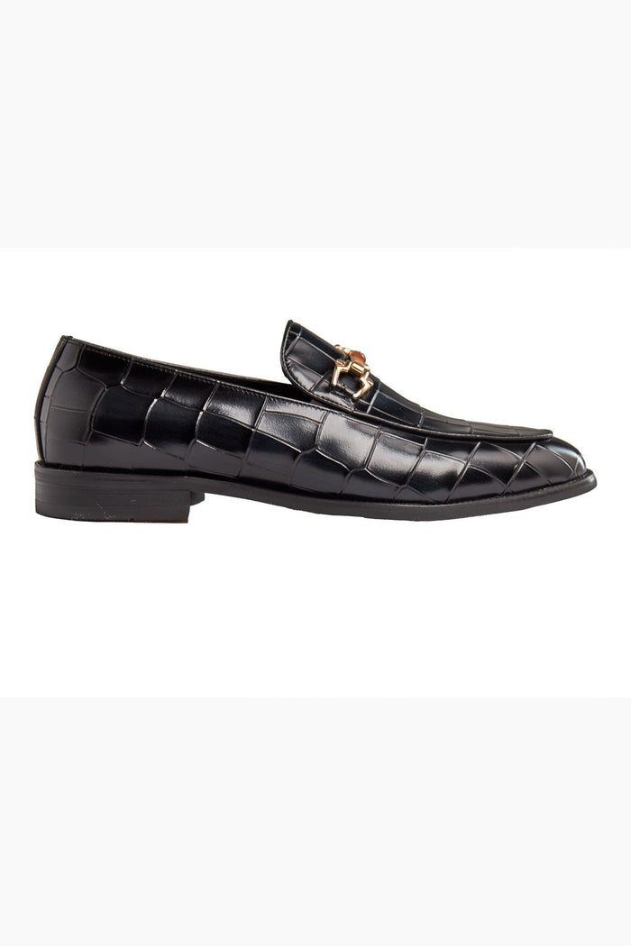 BLACK PRINTED GOLD BUCKLE LOAFERS