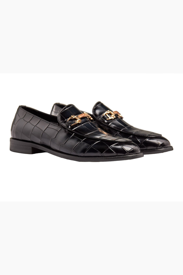 BLACK PRINTED GOLD BUCKLE LOAFERS
