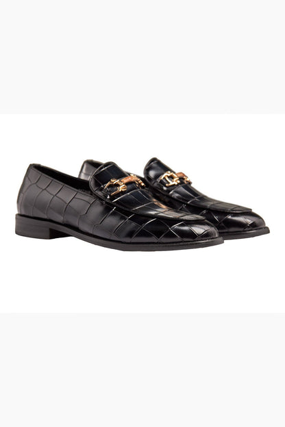 BLACK PRINTED GOLD BUCKLE LOAFERS