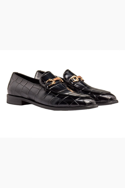 BLACK PRINTED GOLD BUCKLE LOAFERS