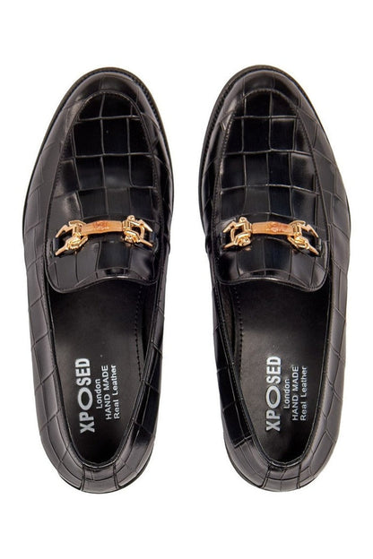 BLACK PRINTED GOLD BUCKLE LOAFERS