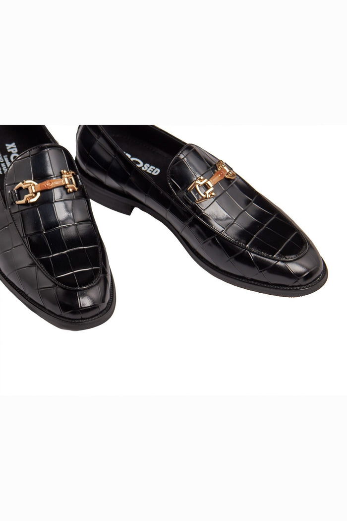 BLACK PRINTED GOLD BUCKLE LOAFERS