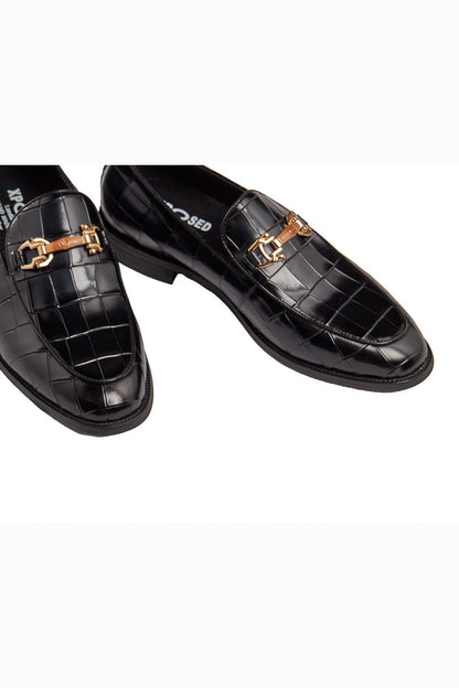 BLACK PRINTED GOLD BUCKLE LOAFERS