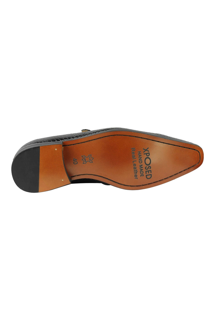 Black Printed Leather Shoes With Monk