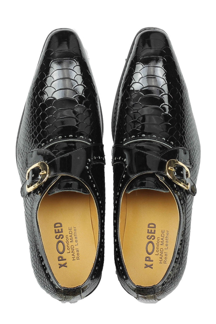 Black Printed Leather Shoes With Monk