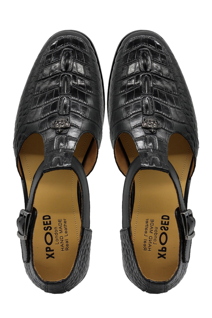 Black Printed Leather T-Strap Sandals – Closed Toe