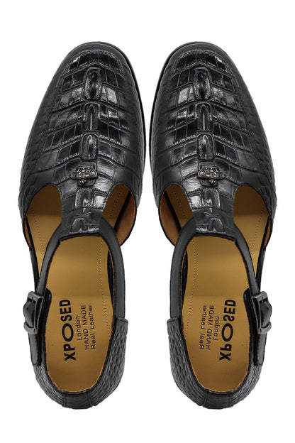 Black Printed Leather T-Strap Sandals – Closed Toe