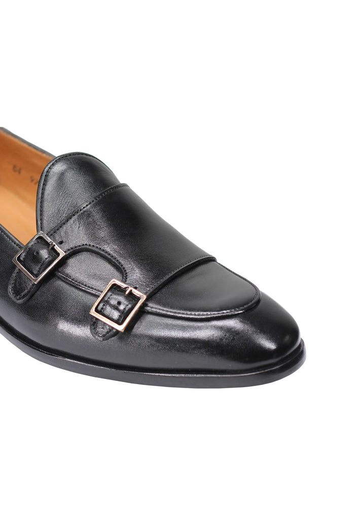 Black Real Leather Double Monk Shoes