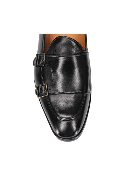 Black Real Leather Double Monk Shoes