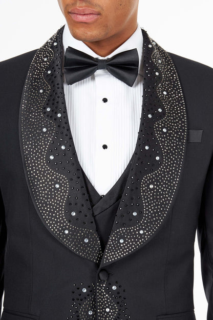 Black Rhinestone Shawl Lapel Tuxedo 3-Piece Wedding Suit