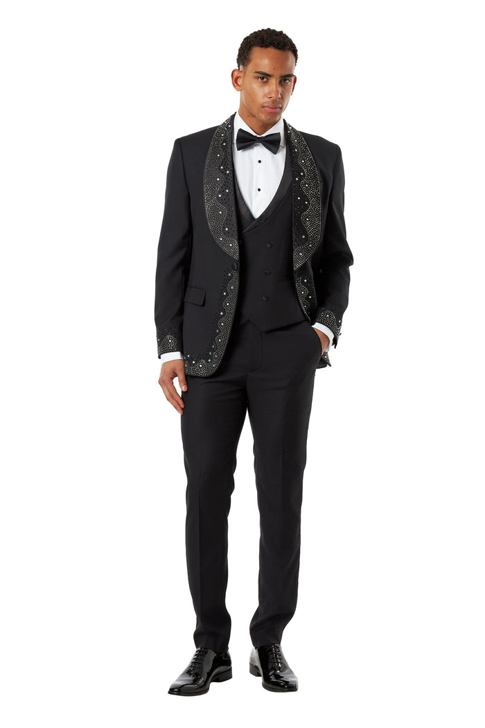 Black Rhinestone Shawl Lapel Tuxedo 3-Piece Wedding Suit