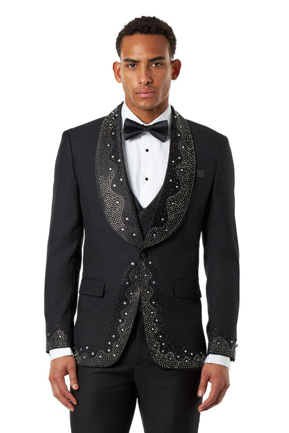 Black Rhinestone Shawl Lapel Tuxedo 3-Piece Wedding Suit