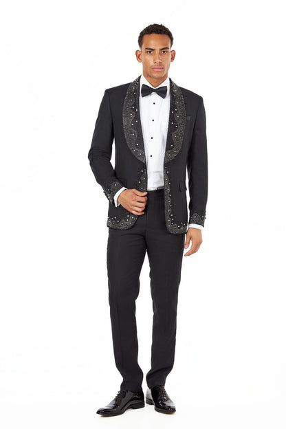 Black Rhinestone Shawl Lapel Tuxedo 3-Piece Wedding Suit