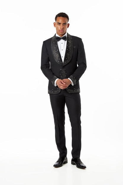 Black Rhinestone Shawl Lapel Tuxedo 3-Piece Wedding Suit