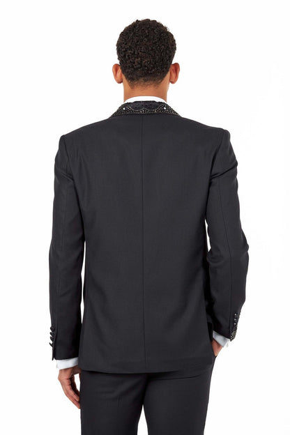 Black Rhinestone Shawl Lapel Tuxedo 3-Piece Wedding Suit