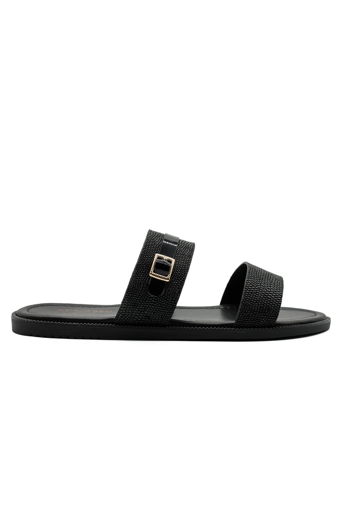 Black Shiny Real Leather Strap Sandals