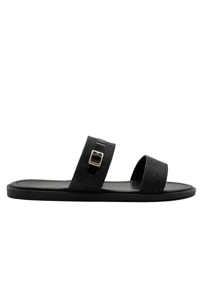 Black Shiny Real Leather Strap Sandals