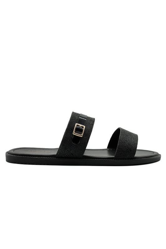 Black Shiny Real Leather Strap Sandals