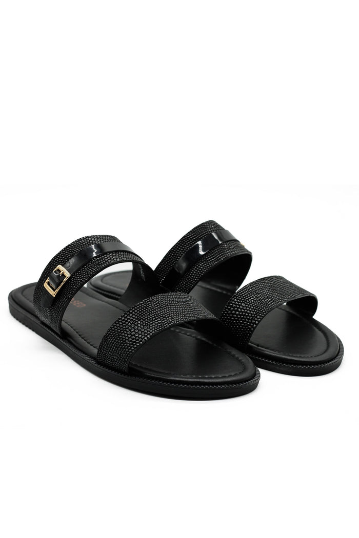 Black Shiny Real Leather Strap Sandals