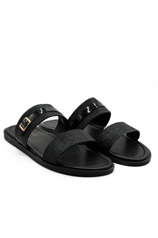 Black Shiny Real Leather Strap Sandals