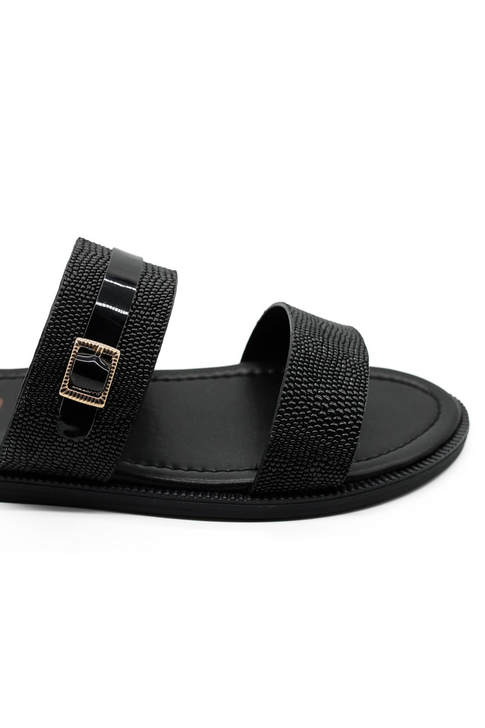 Black Shiny Real Leather Strap Sandals