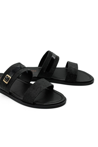 Black Shiny Real Leather Strap Sandals