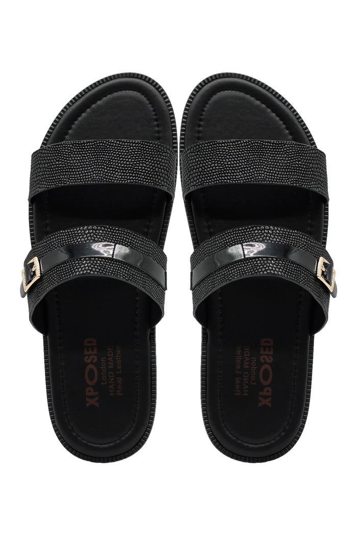 Black Shiny Real Leather Strap Sandals