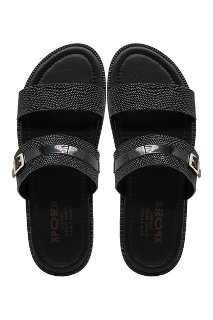 Black Shiny Real Leather Strap Sandals