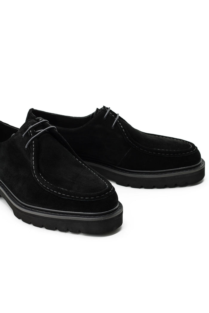 Black Suede Derby Shoes Moc Toe Chunky Sole