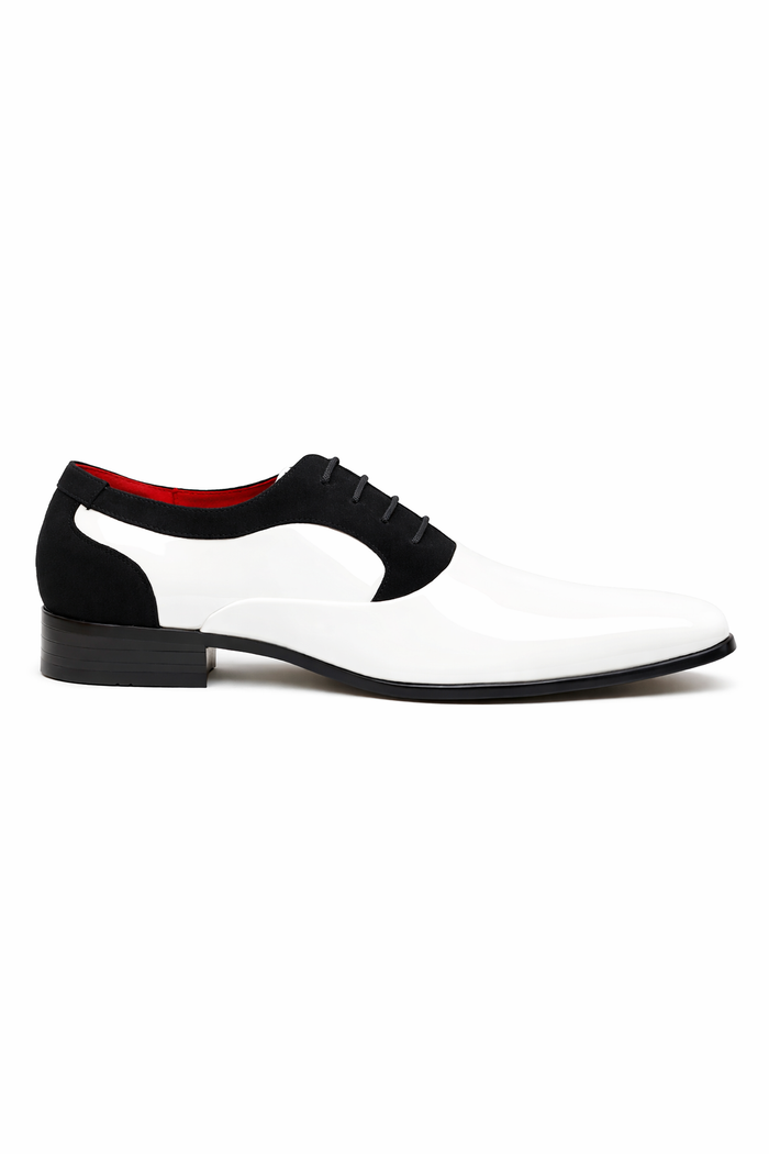 Black Suede White Shiny Patent Shoes