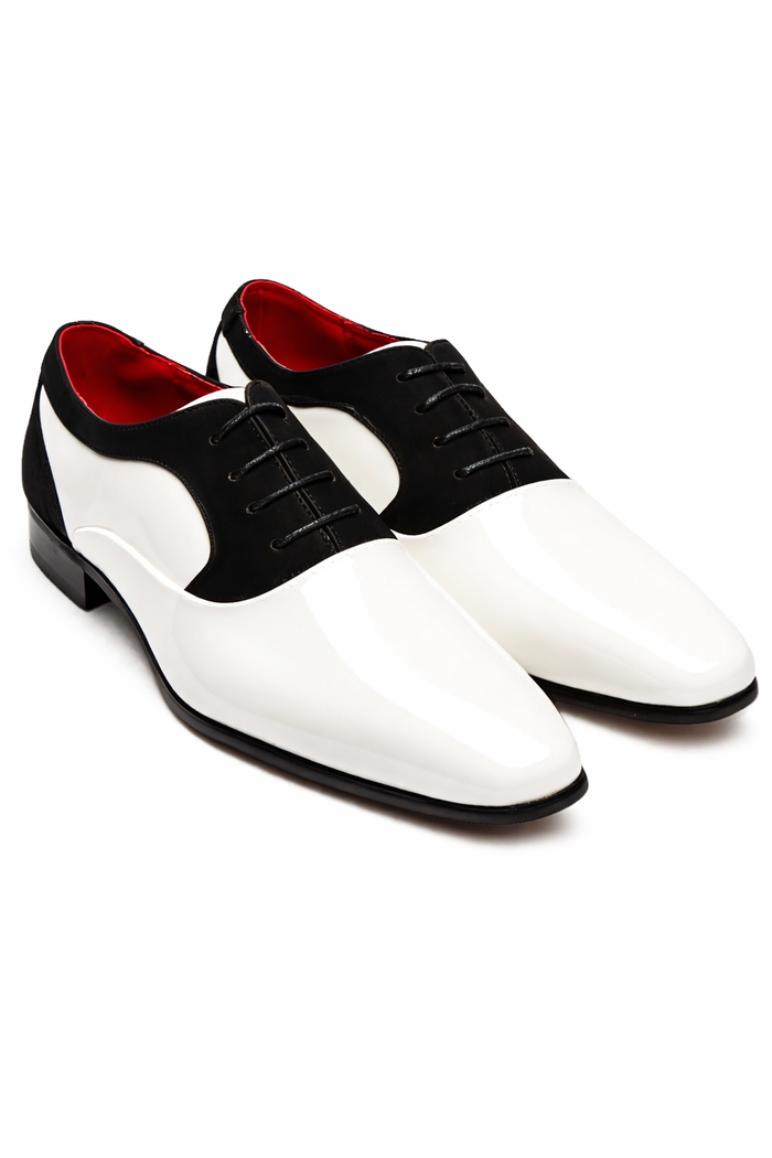 Black Suede White Shiny Patent Shoes
