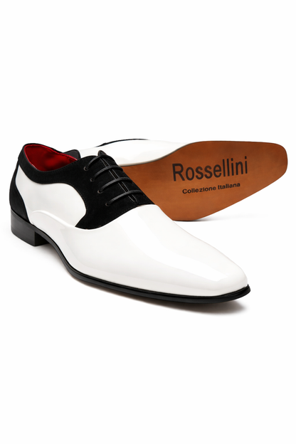 Black Suede White Shiny Patent Shoes