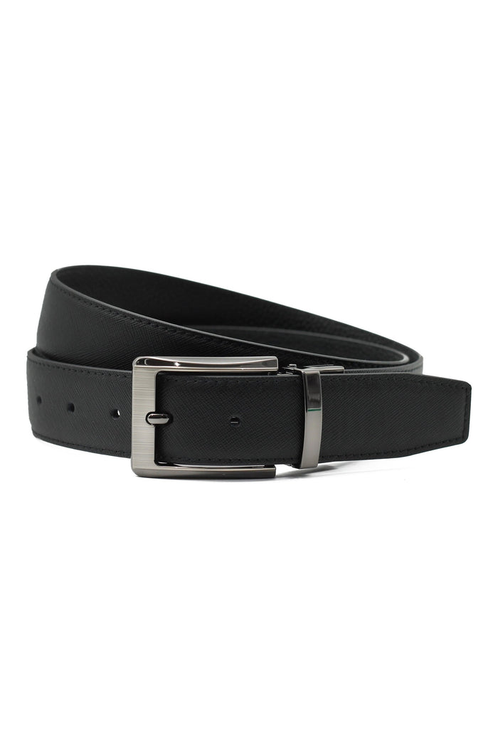 BLACK TEXTURED & GRAIN LEATHER REVERSIBLE BELT