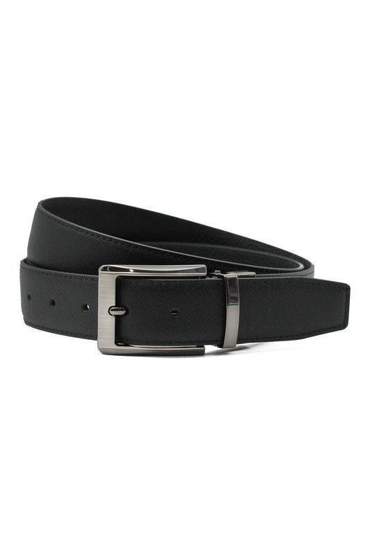 BLACK TEXTURED & GRAIN LEATHER REVERSIBLE BELT